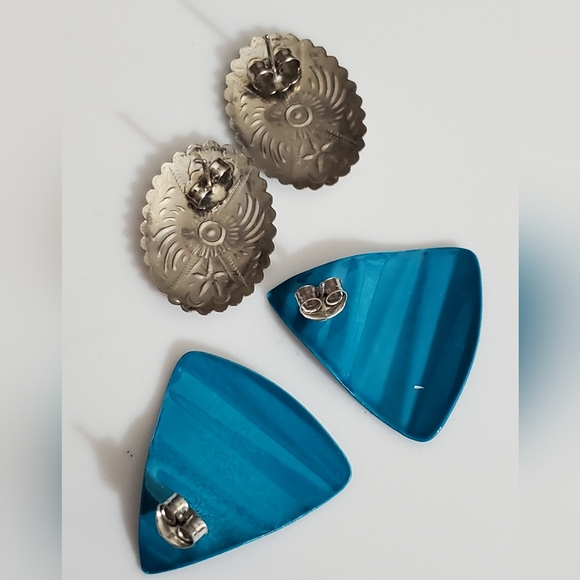 Vintage earrings set 2 native American style Concho turquoise 80's wavy pierced - Picture 8 of 9